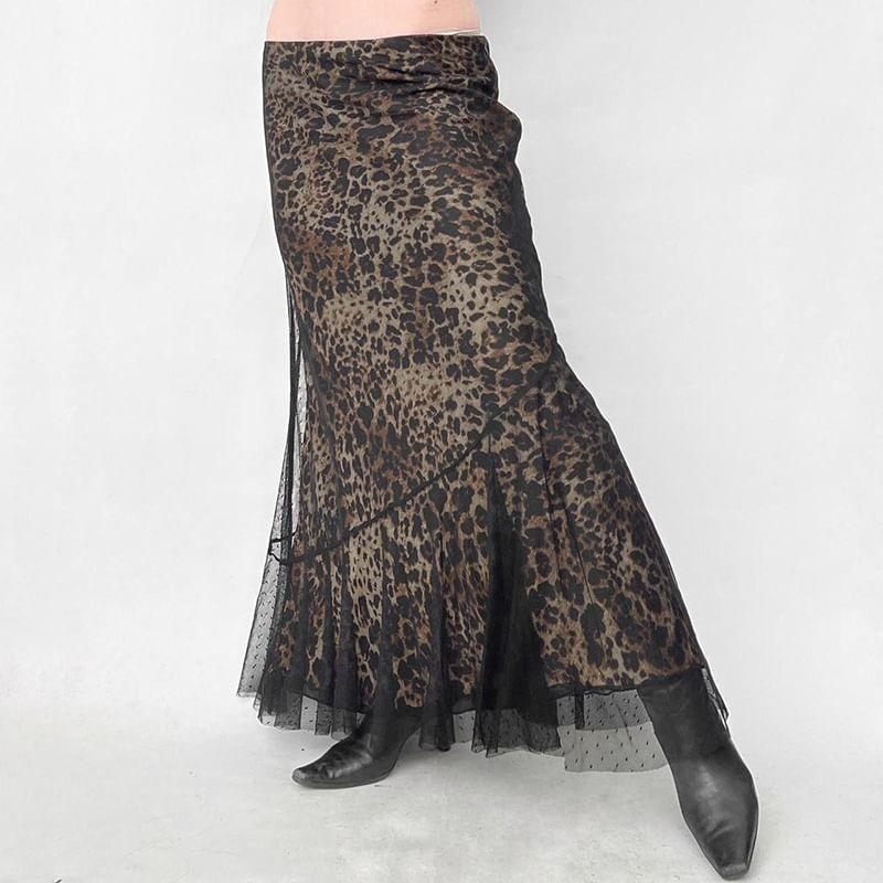 Low Rise Leopard Print Mesh Panel Maxi A-Line Skirt Product Image