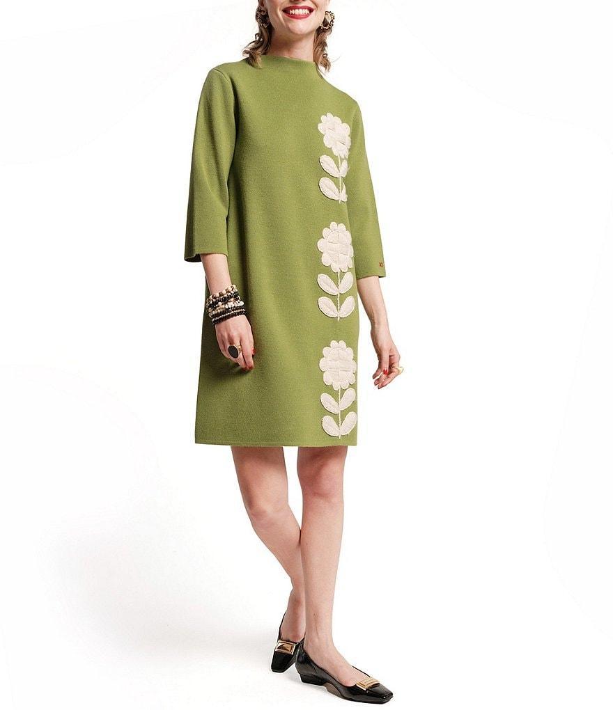 FRANCES VALENTINE Annie Floral Merino Wool Blend High Neck 3/4 Sleeve Shift Dress Product Image