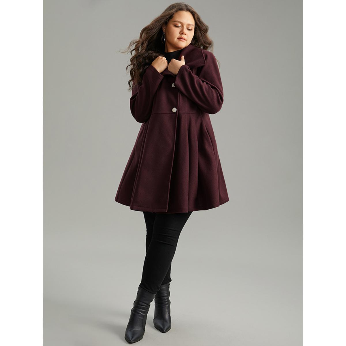 Plus Size Plain Button Up Pocket Asymmetrical Lapel Collar Coat Women Burgundy Elegant Plain Ladies Everyday Winter Coats BloomChic 18-20/2X Product Image