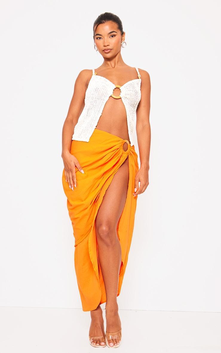 Bright Orange Linen Look Wrap Over Ring Detail Midi Skirt Product Image