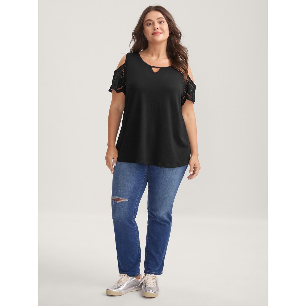 Plus Size Sleeve Cut-Out Cold-Shoulder T-Shirt Black Women Cut-Out Round Neck Everyday-Casual T-shirts BloomChic 22-24/3X Product Image