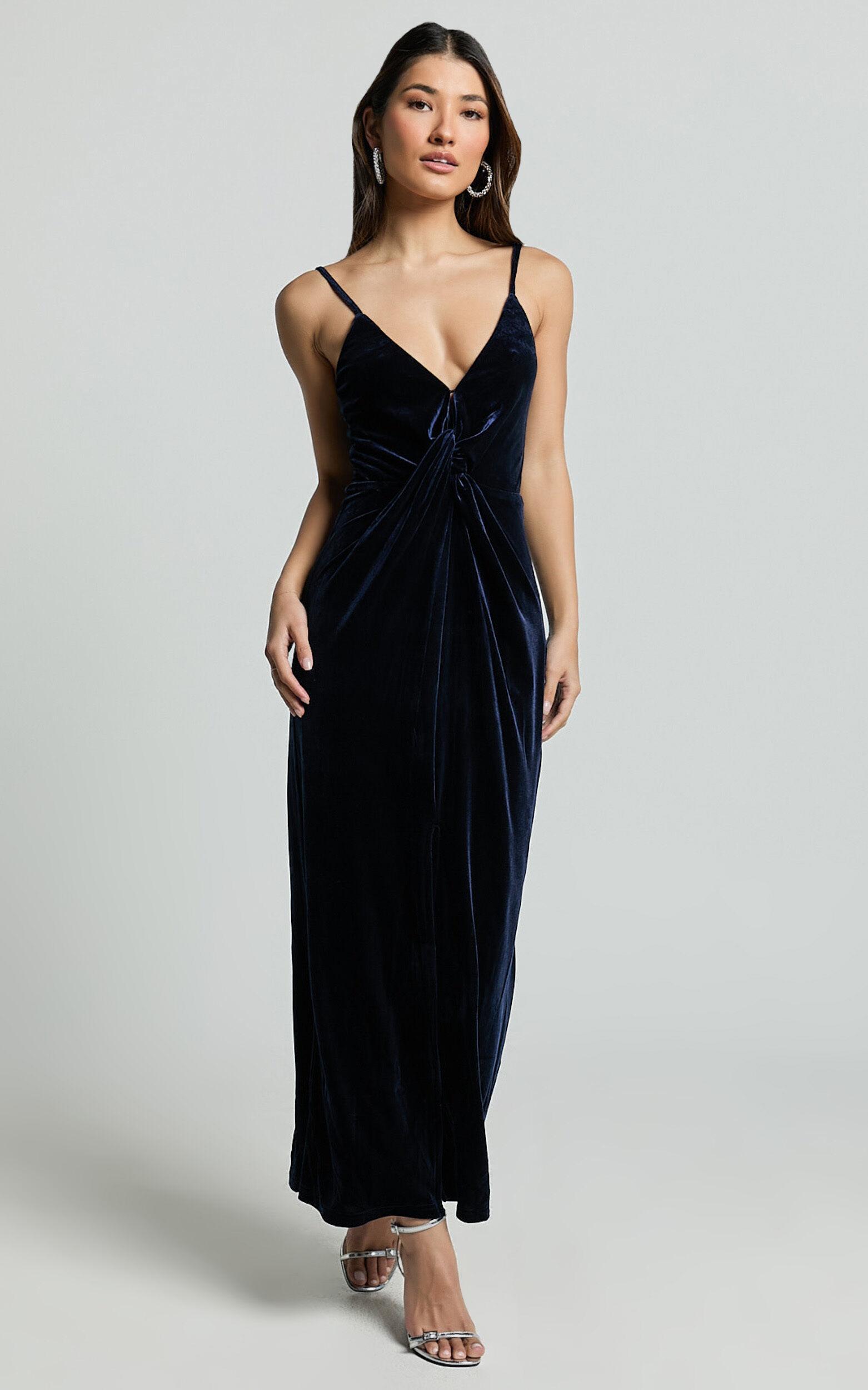 Rebecca Midi Dress - Front Twist Thigh Split Velvet Dress in Navy Product Image