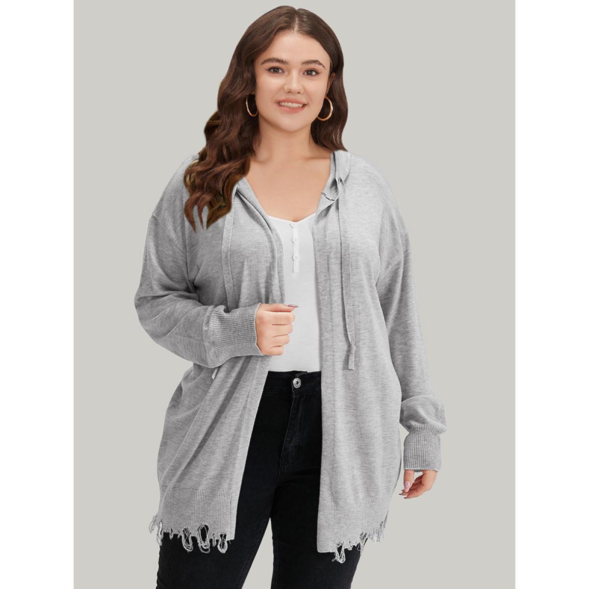 Plus Size Supersoft Essentials Solid Hooded Raw Hem Drawstring Cardigan LightGray Women Casual Loose Long Sleeve Dailywear Cardigans BloomChic 30/6X Product Image