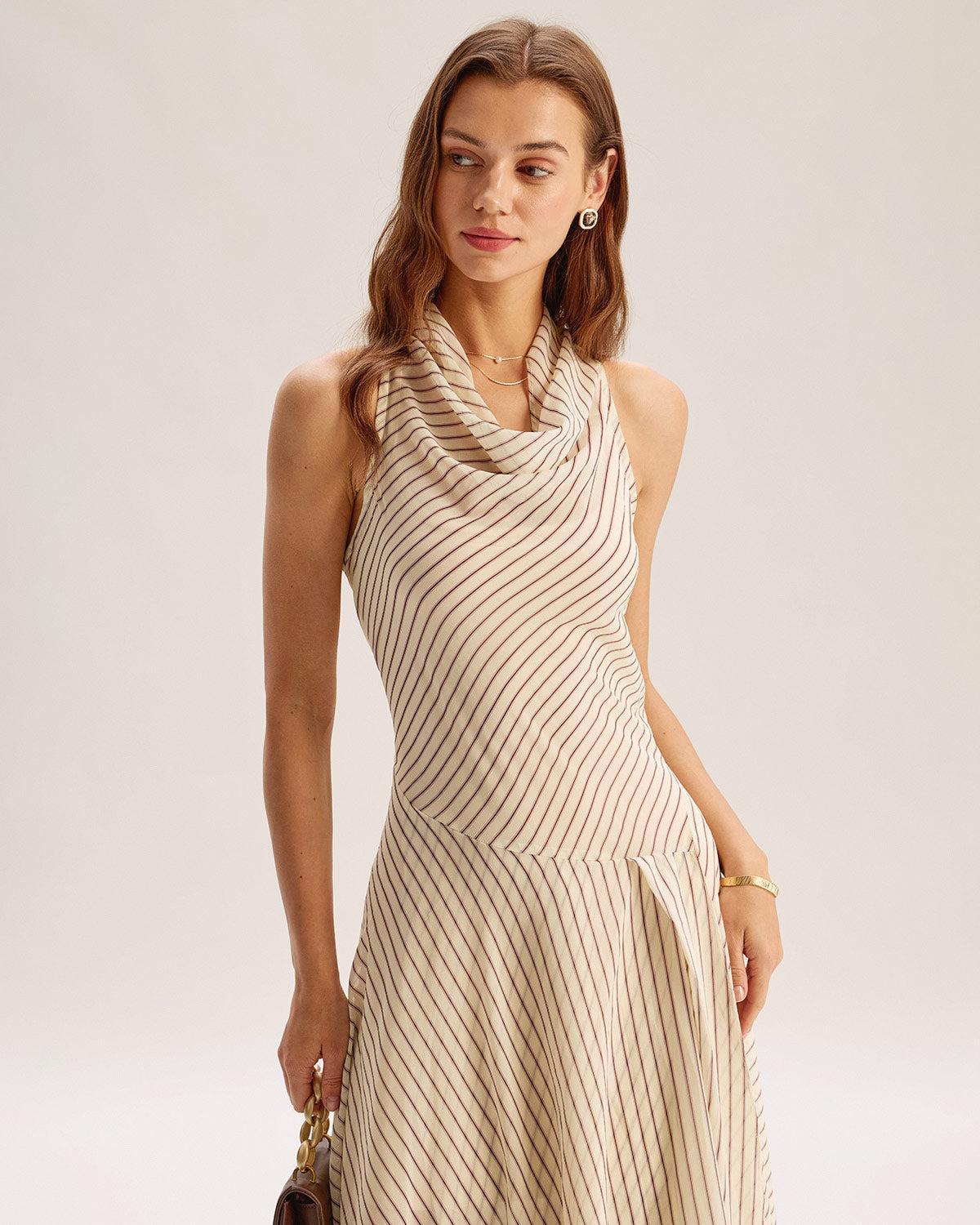 Beige Striped Cowl Neck Sleeveless Midi Dress Product Image
