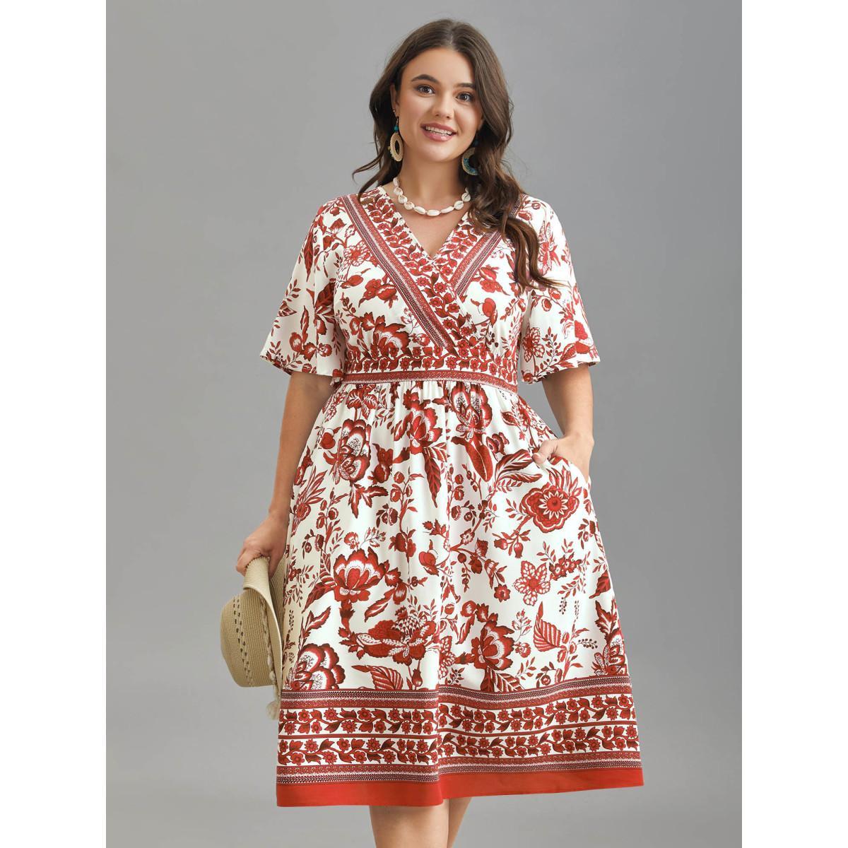 Plus Size Floral Print Wrap-Neck Pocket Midi Dress Rust Women Resort Non Overlap Collar Short sleeve Curvy BloomChic 30/6X Product Image