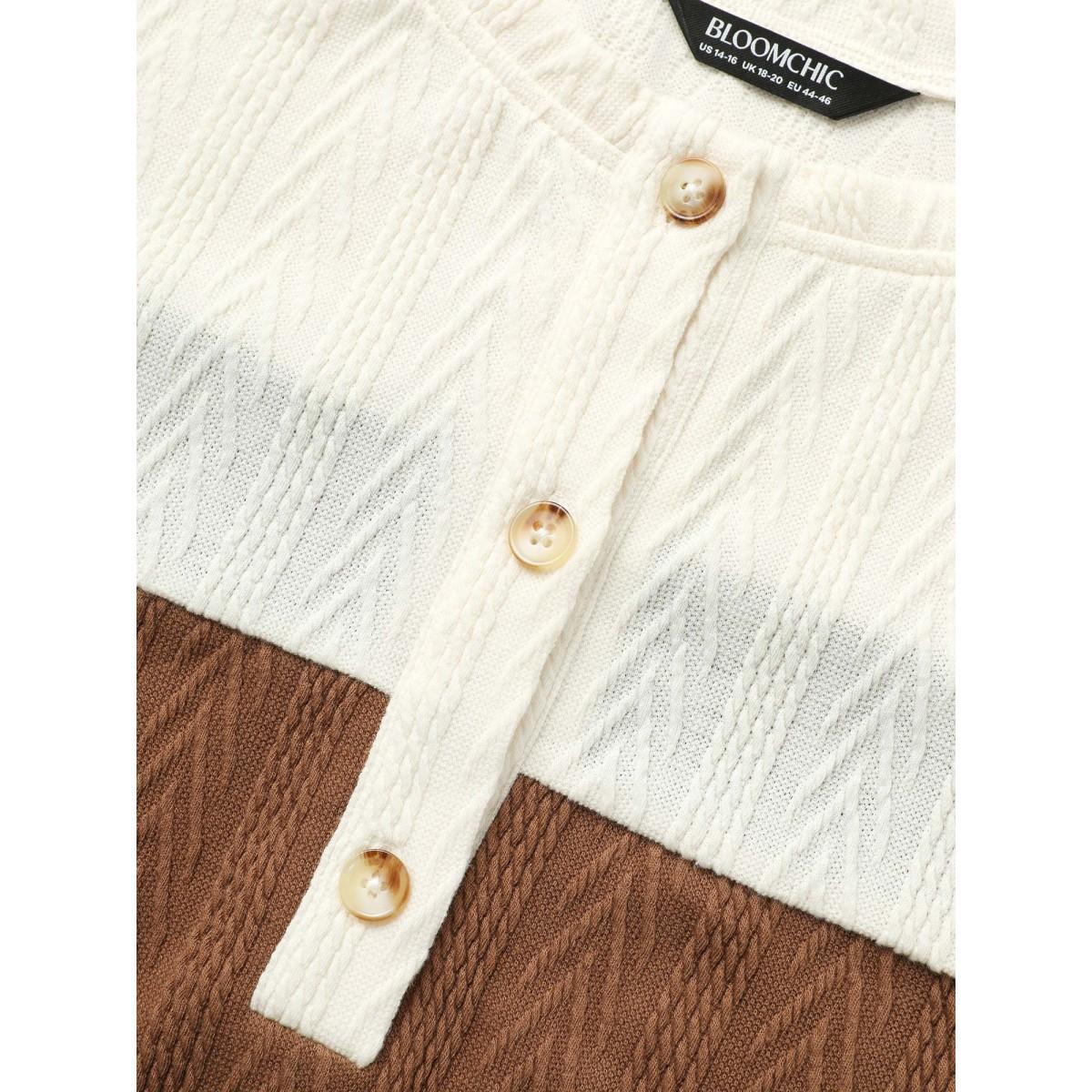 Plus Size Colorblock Contrast Textured Button Up T-shirt Multicolor Women Casual Texture Round Neck Everyday T-shirts BloomChic 28/5X Product Image