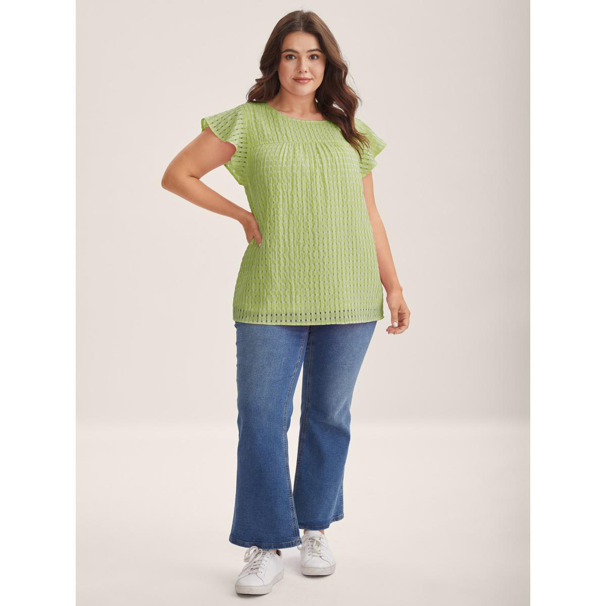 Plus Size Applegreen Textured Sheer Lined Flutter Sleeve Blouse Women Cap Sleeve Round Neck Everyday-Casual Blouses BloomChic 28/5X Product Image
