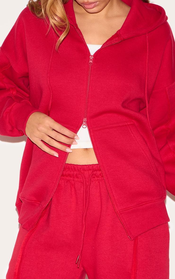 Red Oversized Zip Through Seam Detail Hoodie Product Image