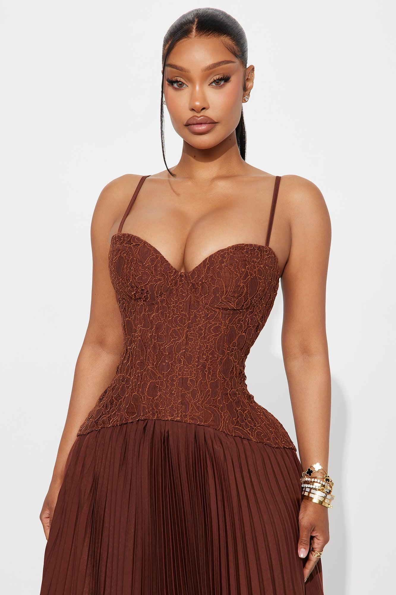 Daniella Lace Corset Pleated Maxi Dress - Chocolate Product Image