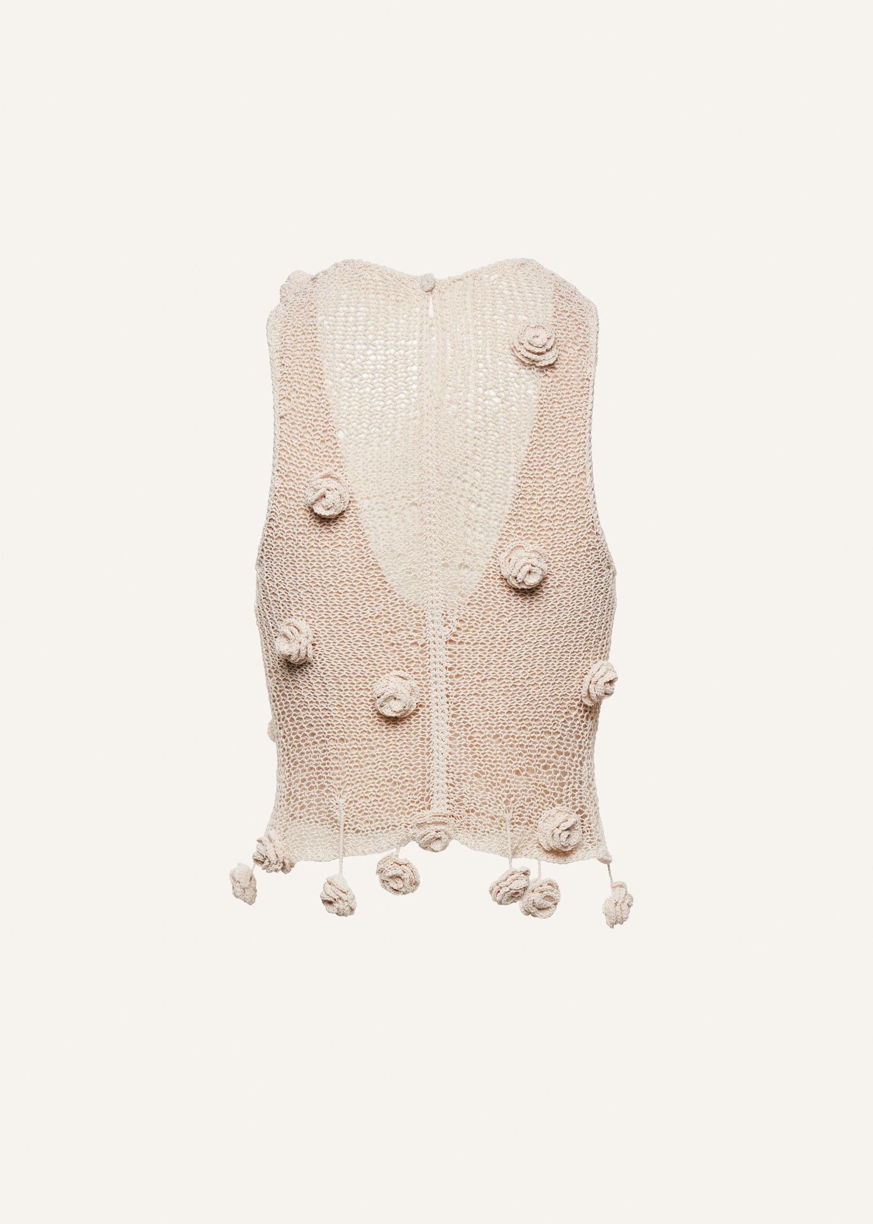 Crochet flower embellished tank top in cream Product Image