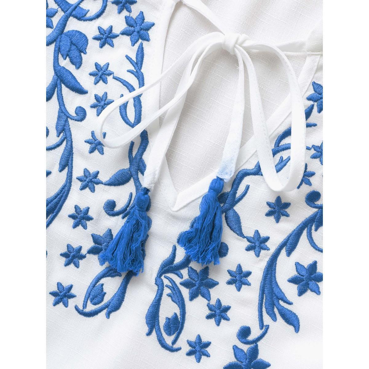 Plus Size Boho Print Embroidered Tassel Trim Midi Dress White Women Elegant Woven ribbon&lace trim Flat collar with V-notch Half Sleeve Curvy BloomChic 26/4X Product Image