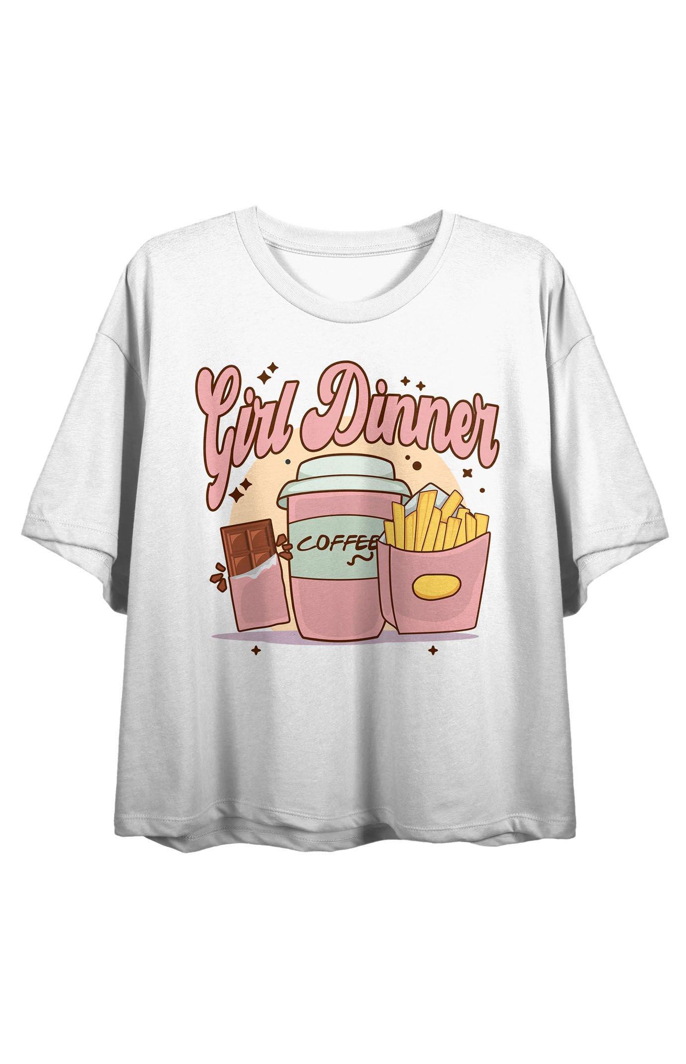 Juniors' Girl Dinner Chocolate & Coffee Boxy Crewneck Graphic Tee, Girl's, Size: Large, White Product Image