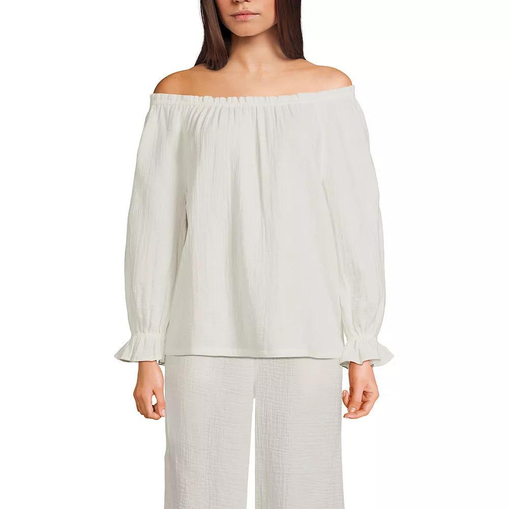 Women's Lands' End Gauze 3/4-Sleeve Off Shoulder Blouse, Size: Large, Deep  Blue Product Image