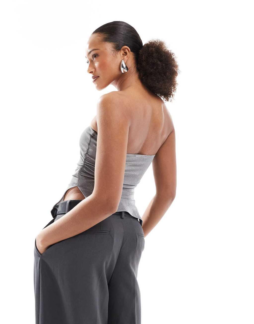 Bershka ruched side glitter bandeau in silver Product Image