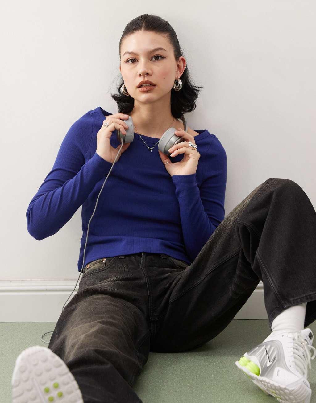 COLLUSION pointelle scoop neck long sleeve top in navy Product Image