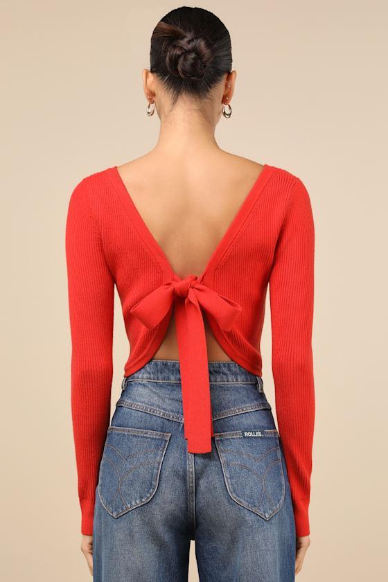 Most Intriguing Red Orange Ribbed Tie-Back Sweater Top Product Image