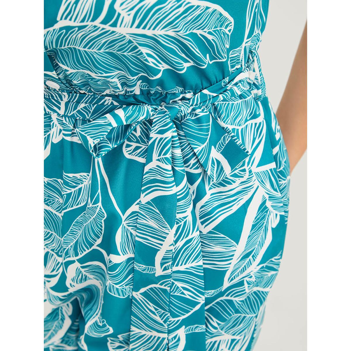 Plus Size Emerald Plant Print Button Through Pocket Belt Cami Jumpsuit Women Vacation Sleeveless Spaghetti Strap Dailywear Loose Jumpsuits BloomChic 18-20/2X Product Image