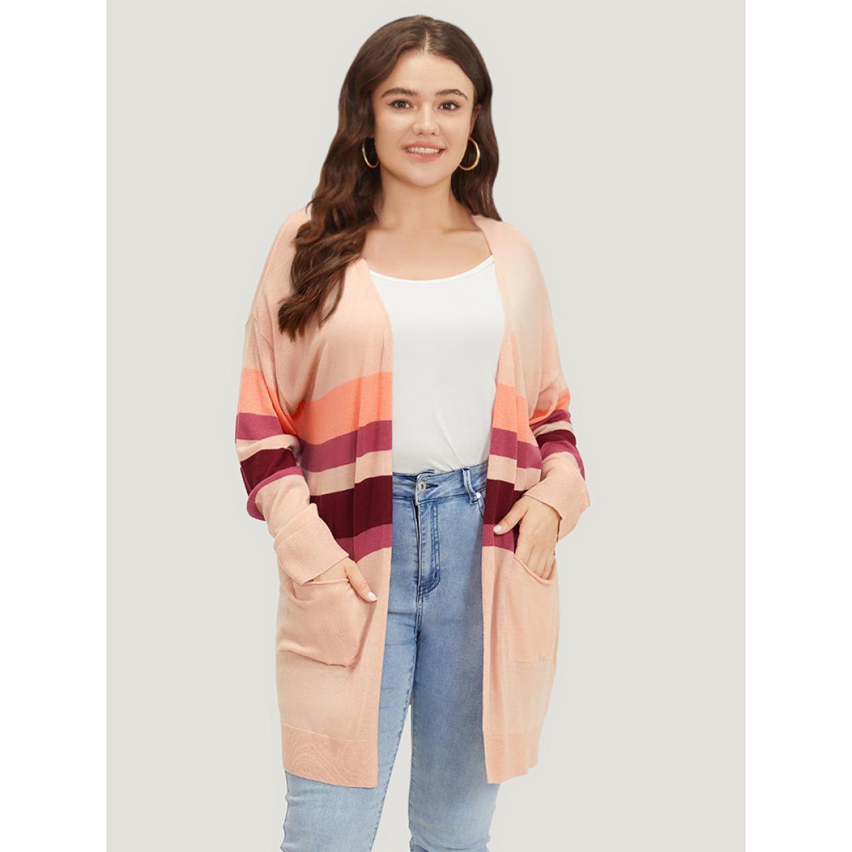 Plus Size Supersoft Essentials Colorblock Open Front Tunic Pocket Cardigan DustyPink Women Casual Loose Long Sleeve Everyday Cardigans BloomChic 28/5X Product Image
