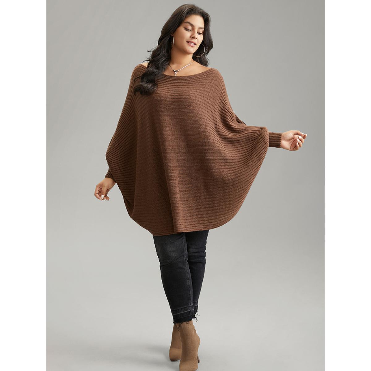 Plus Size Solid Textured Off Shoulder Batwing Sleeve Pullover DarkBrown Women Casual Loose Long Sleeve One-shoulder neck Dailywear Pullovers BloomChic 26/4X Product Image