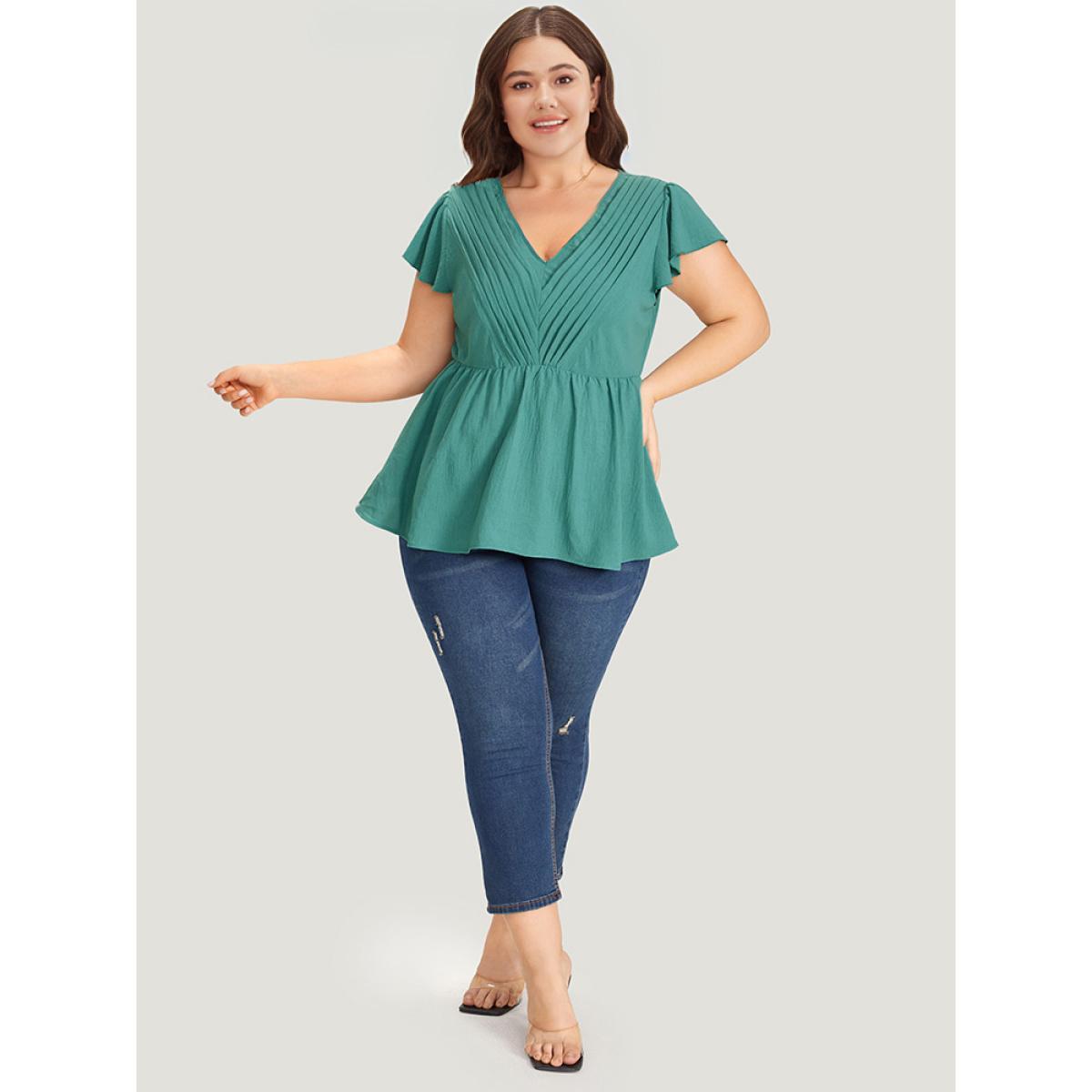 Plus Size Mint Solid Pleated Flutter Cap Sleeve Blouse Women Elegant Cap Sleeve V-neck Dailywear Blouses BloomChic 10/M Product Image
