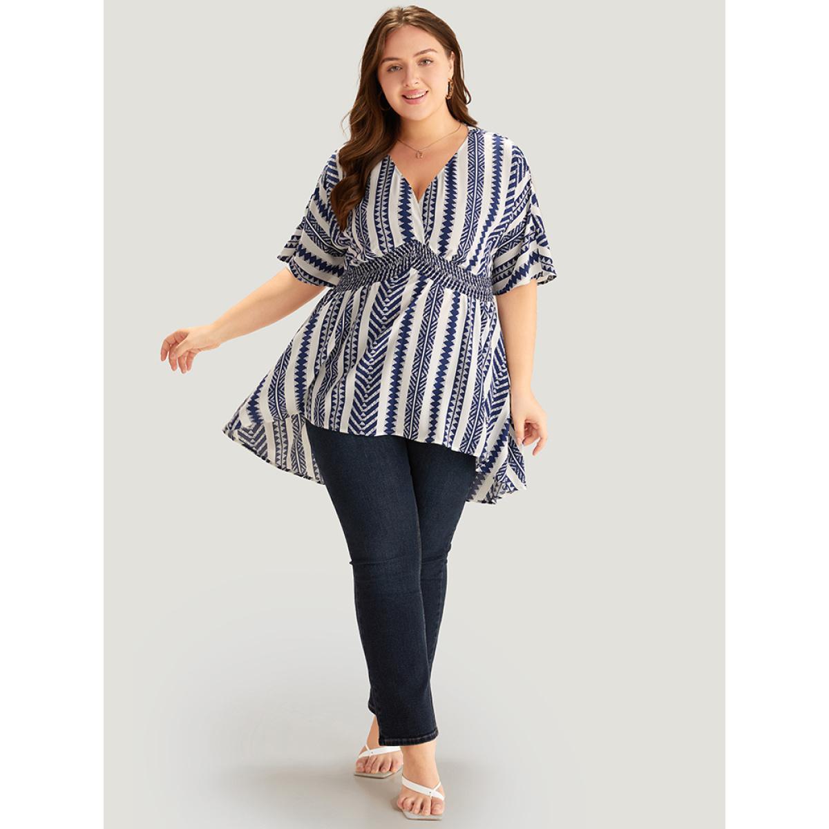 Plus Size Navy Bandana Print High Low Hem Patchwork Blouse Women Elegant Short sleeve Deep V-neck Vacation Blouses BloomChic 10/M Product Image