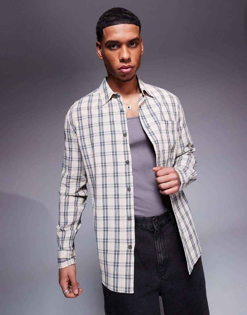 River Island classic plaid shirt in stone Product Image