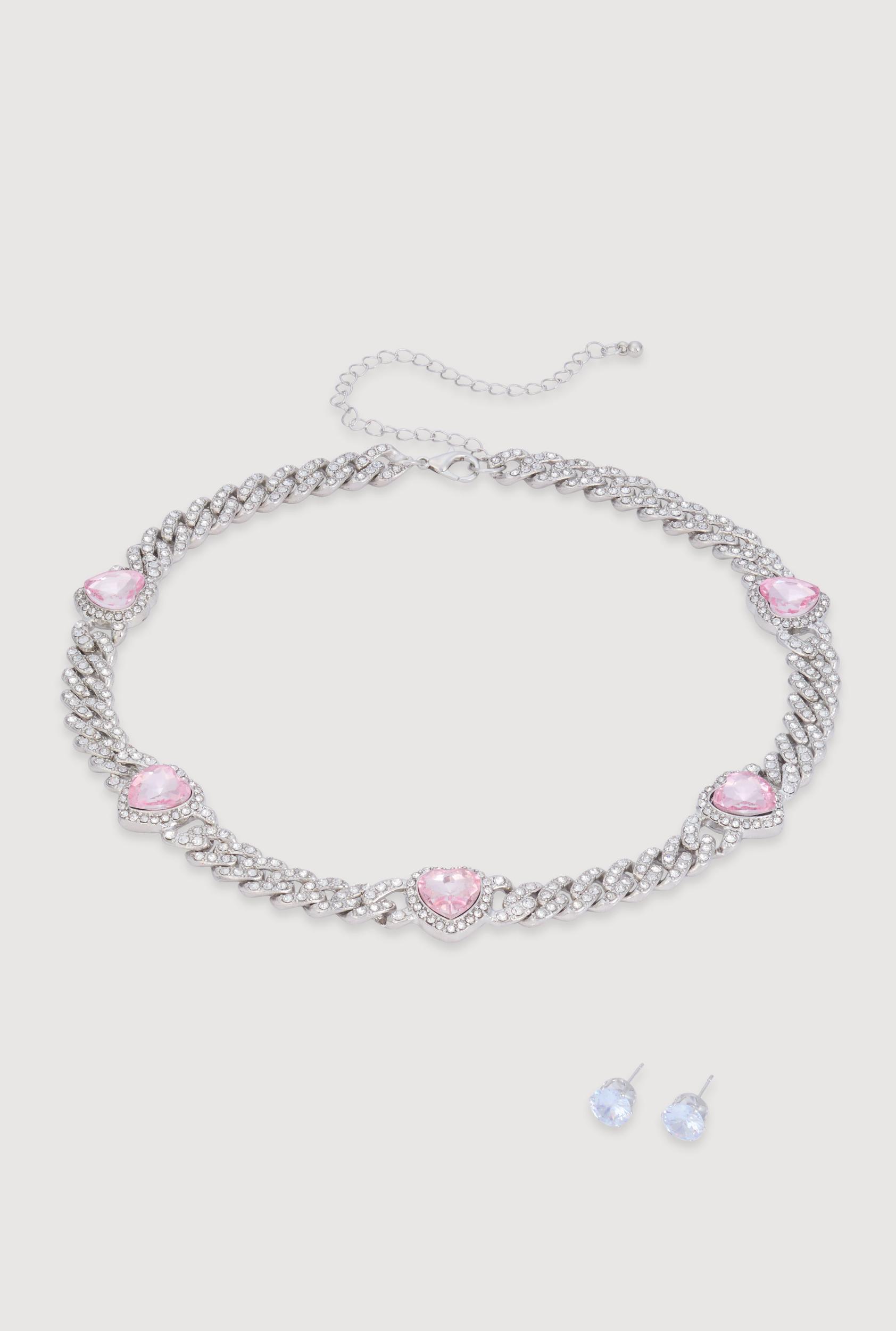 Cubic Zirconia Heart Chain Necklace and Earrings Female Product Image