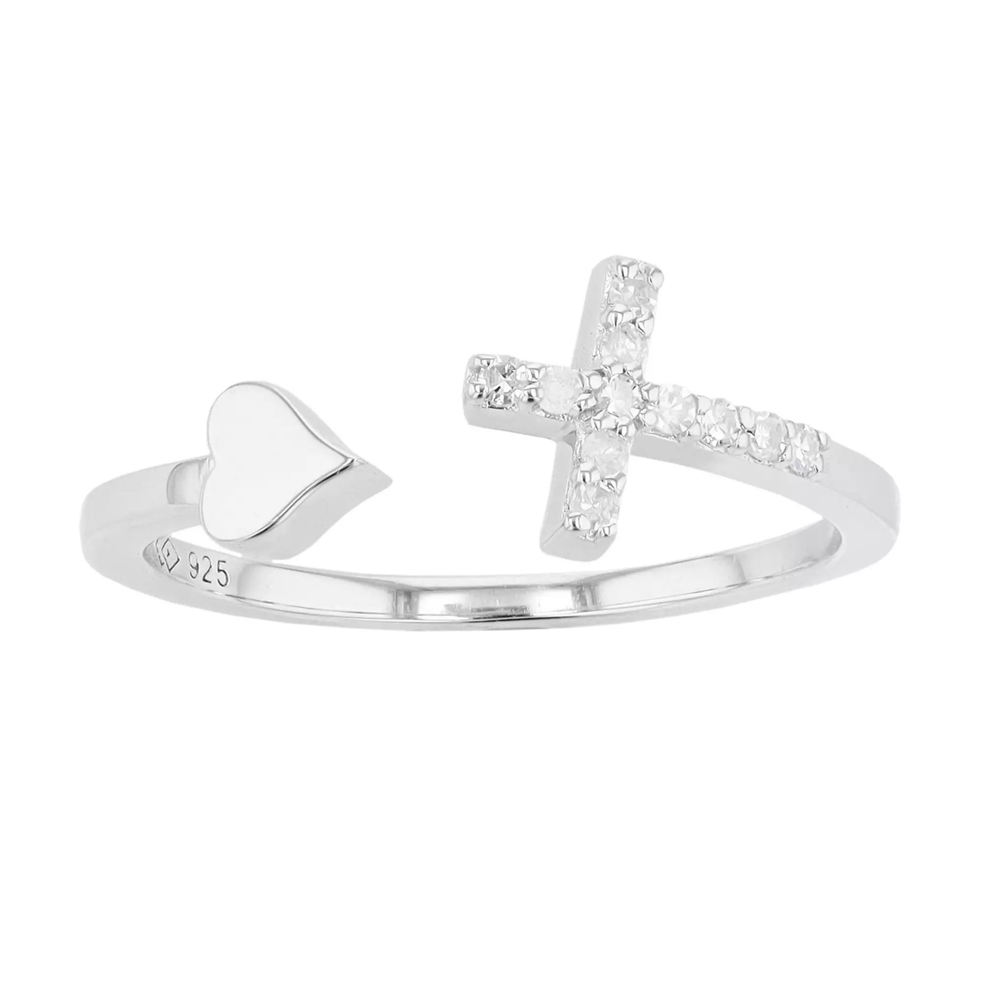 Sterling Silver 1/10 Carat T.W. Diamond Cross & Heart Ring, Women's, Size: 9, White Product Image