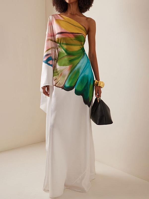 Long Sleeves Loose Asymmetric Flower Print One-Shoulder Maxi Dresses Product Image