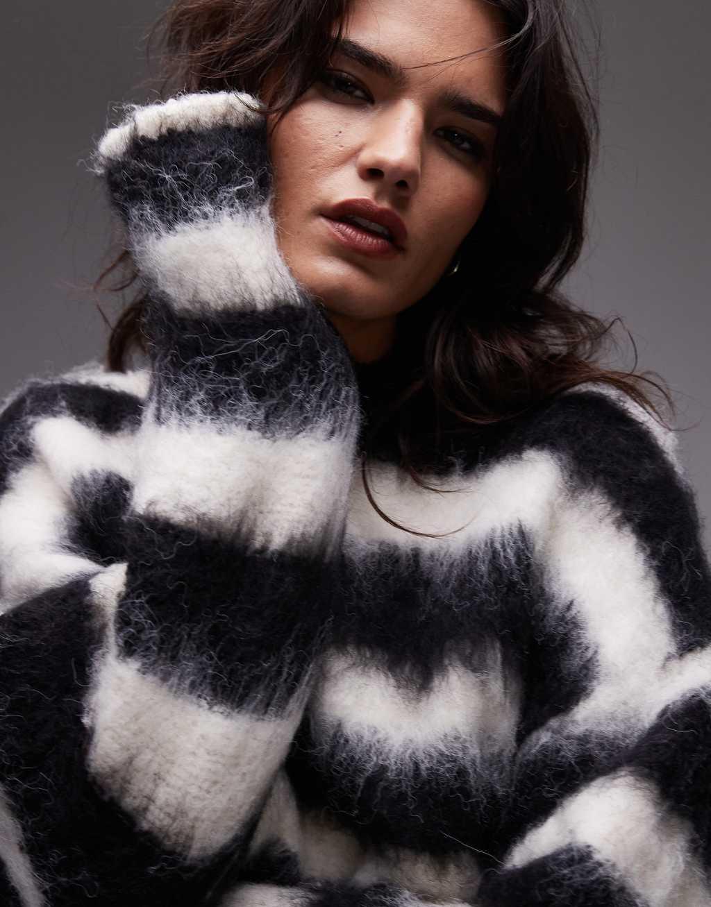 Topshop knit boysy ultra fluffy stripe oversized sweater in mono Product Image