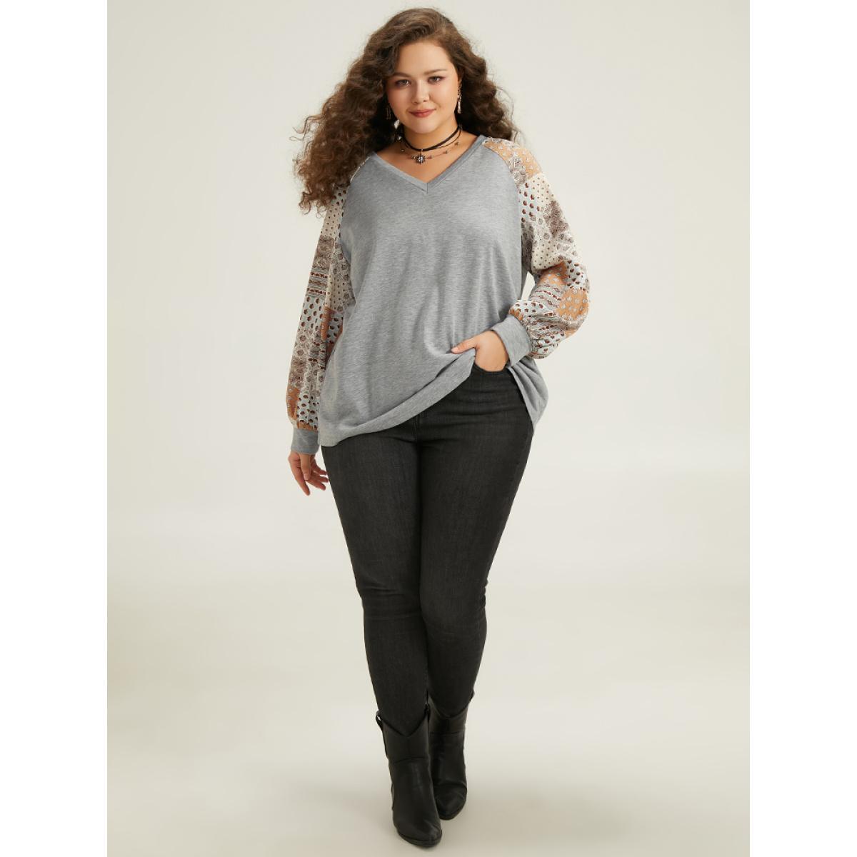 Plus Size Halloween Bandana Print Patchwork Contrast Sweatshirt Women Gray Casual Elastic cuffs V-neck Festival-Halloween Sweatshirts BloomChic 28/5X Product Image