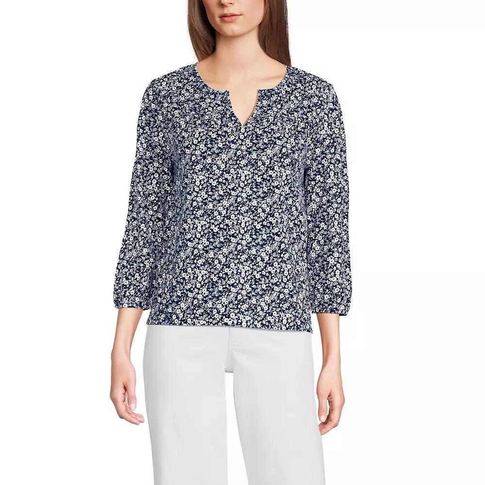 Women's Lands' End 3/4 Sleeve Slub Notch Neck Top, Size: Large, White Green Stripe Product Image