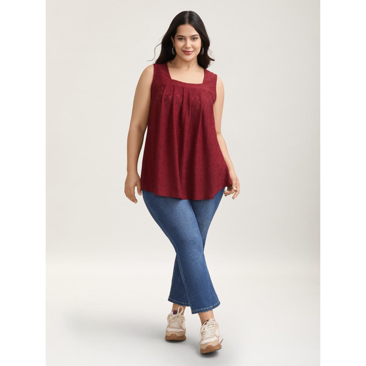 Plus Size Textured Stretchy Square Neck Pleated Vest Women Burgundy Casual Texture Square Neck Everyday Tank Tops Camis BloomChic 26/4X Product Image
