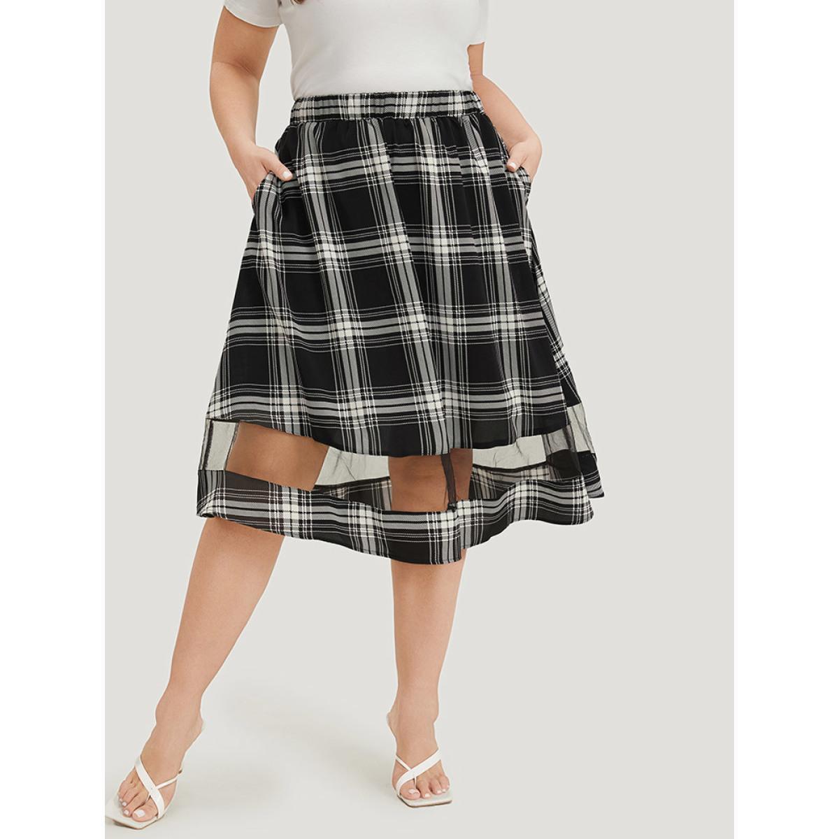 Plus Size Tartan Pocket Mesh Patchwork Elastic Waist Skirt Women Black Office See through No stretch Pocket Work Skirts BloomChic 12/L Product Image