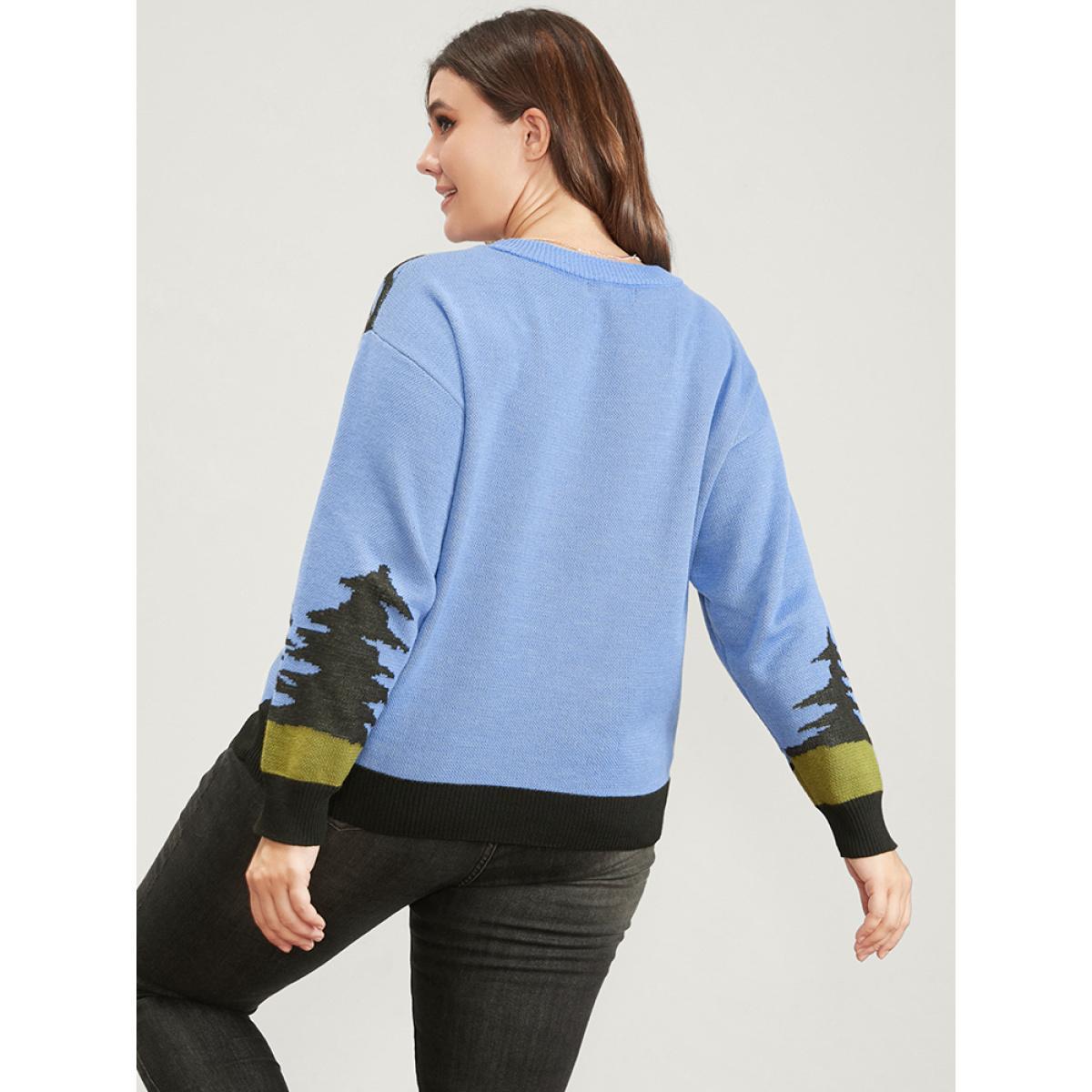 Plus Size Halloween Contrast Pointelle Knit Jacquard Knit Top LightBlue Women Casual Long Sleeve Round Neck Dailywear Pullovers BloomChic 30/6X Product Image