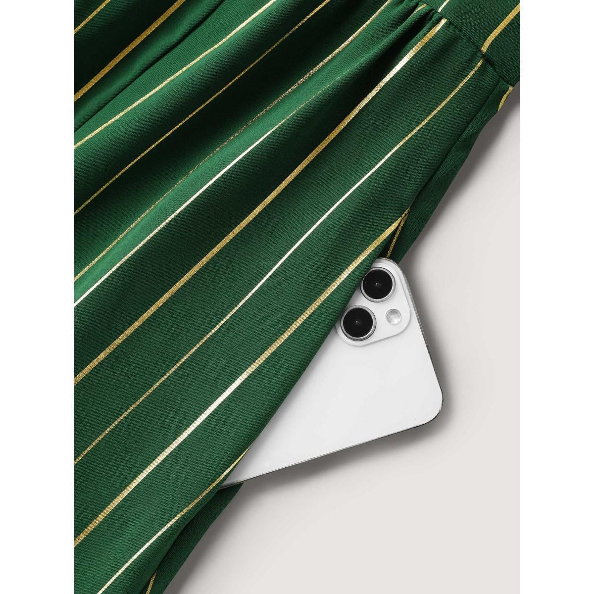 Plus Size Gold Shimmery Stripes Pockets Midi Dress DarkGreen Women V-neck Short sleeve Curvy BloomChic 30/6X Product Image