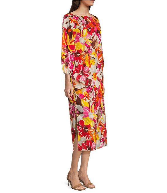 FRANCES VALENTINE Minnow Sun Flower Boat Neck 3/4 Sleeve Midi Dress Product Image