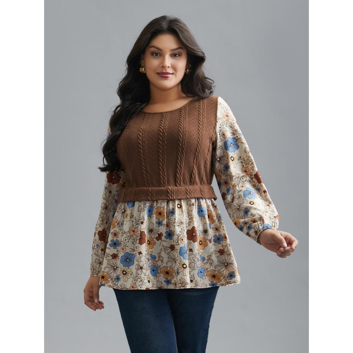 Plus Size Multicolor Mixed Texture Floral Combined Blouse Women Elegant Long Sleeve Round Neck Everyday Blouses BloomChic 26/4X Product Image