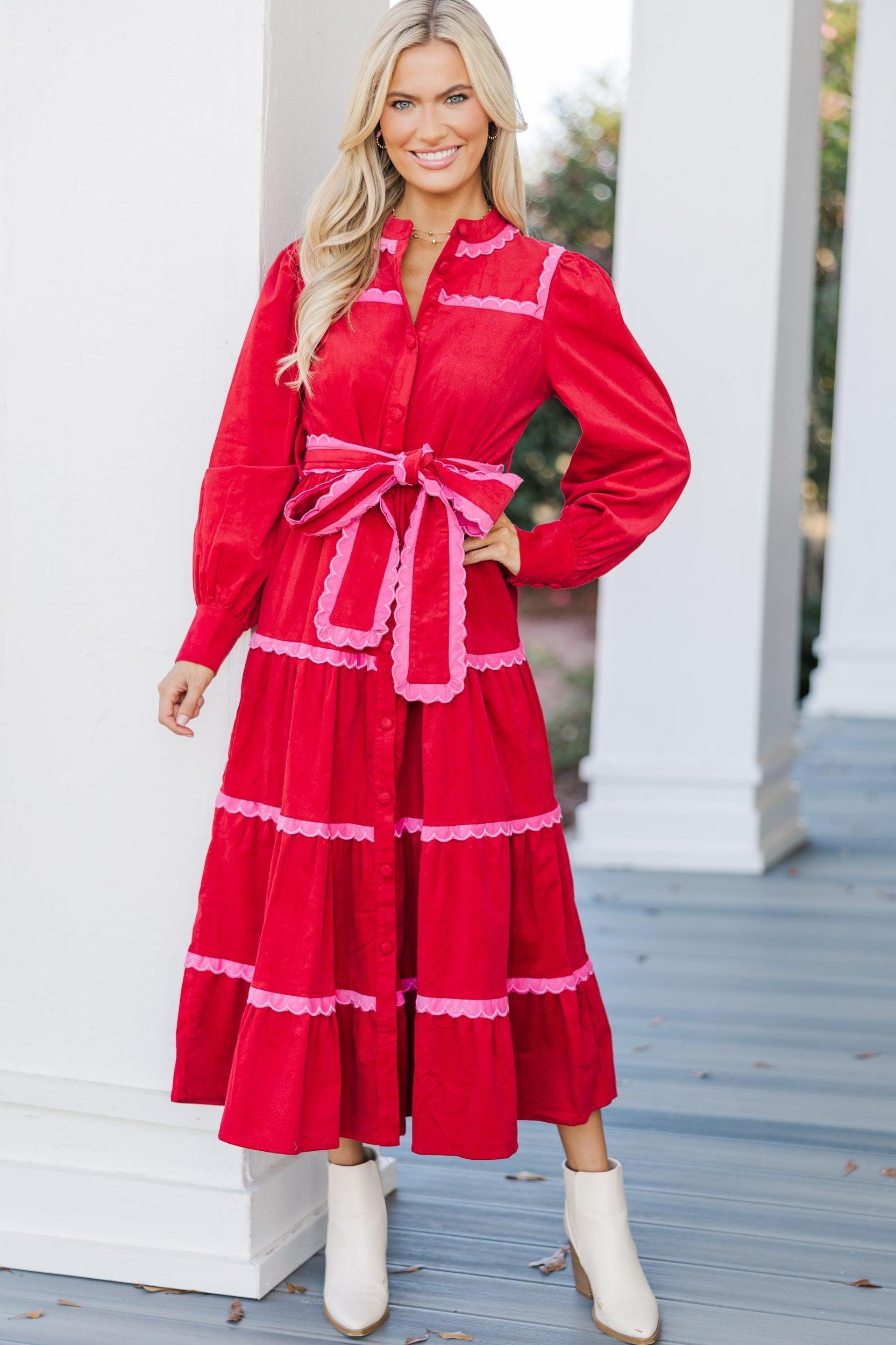 So In Love Red Scalloped Midi Dress Female Product Image