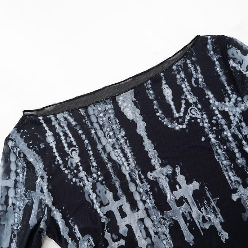 Long-Sleeve Boat Neck Cross Print See-Through Mesh Top Product Image