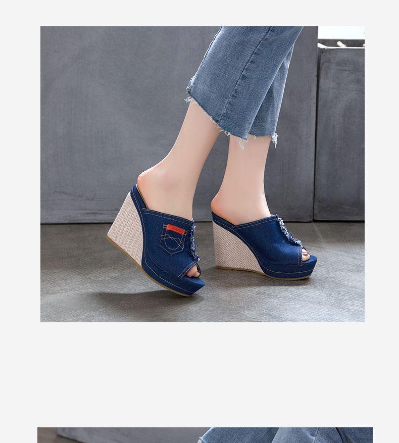 Peep-Toe Wedge-Heel Denim Slide Sandals Product Image