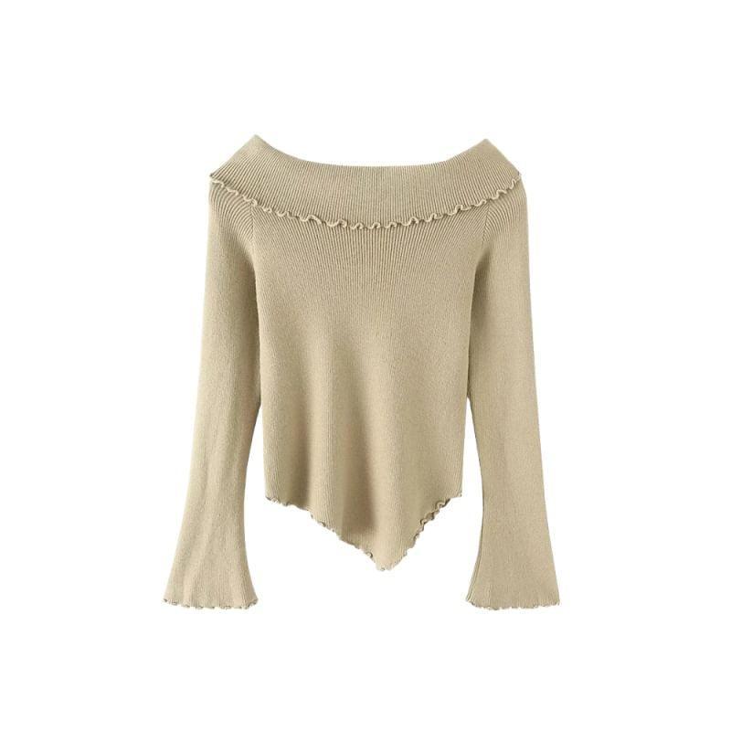 Long Sleeve Boat Neck Plain Frill Asymmetrical Knit Top Product Image