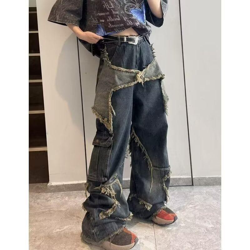 Mid Rise Washed Distressed Wide Leg Jeans Product Image