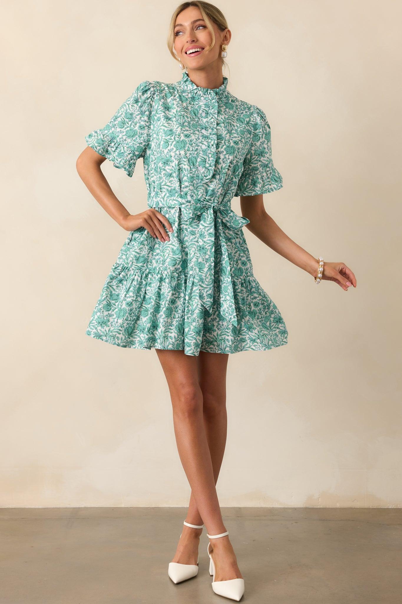 The Right Timing Teal Green Floral Cotton Mini Shirt Dress Product Image