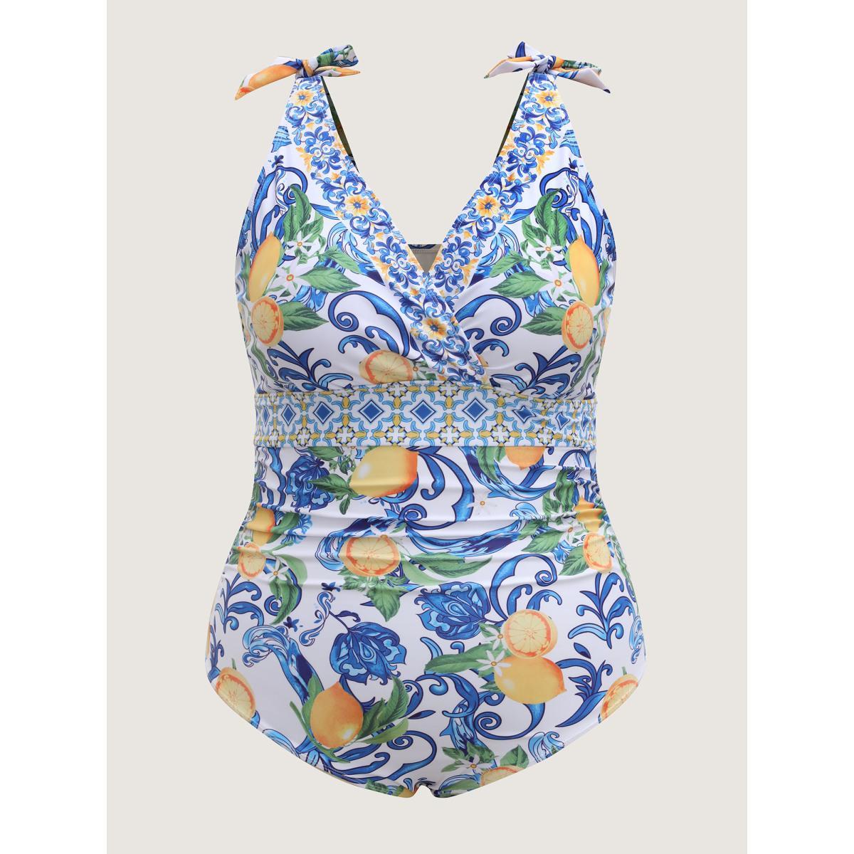 Plus Size Two-Piece Citrus Print Sarong Swimsuit Women's Swimwear Lemonyellow Beach Tie knot Curve Bathing Suits High stretch One Pieces BloomChic 14-16/1X Product Image