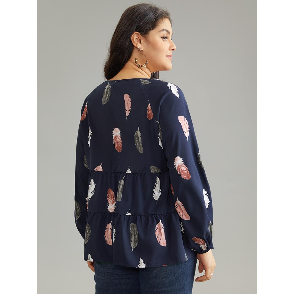 Plus Size Indigo Feather Print Notched Tiered Ruffle Hem Blouse Women Vacation Long Sleeve Notched collar Vacation Blouses BloomChic 18-20/2X Product Image