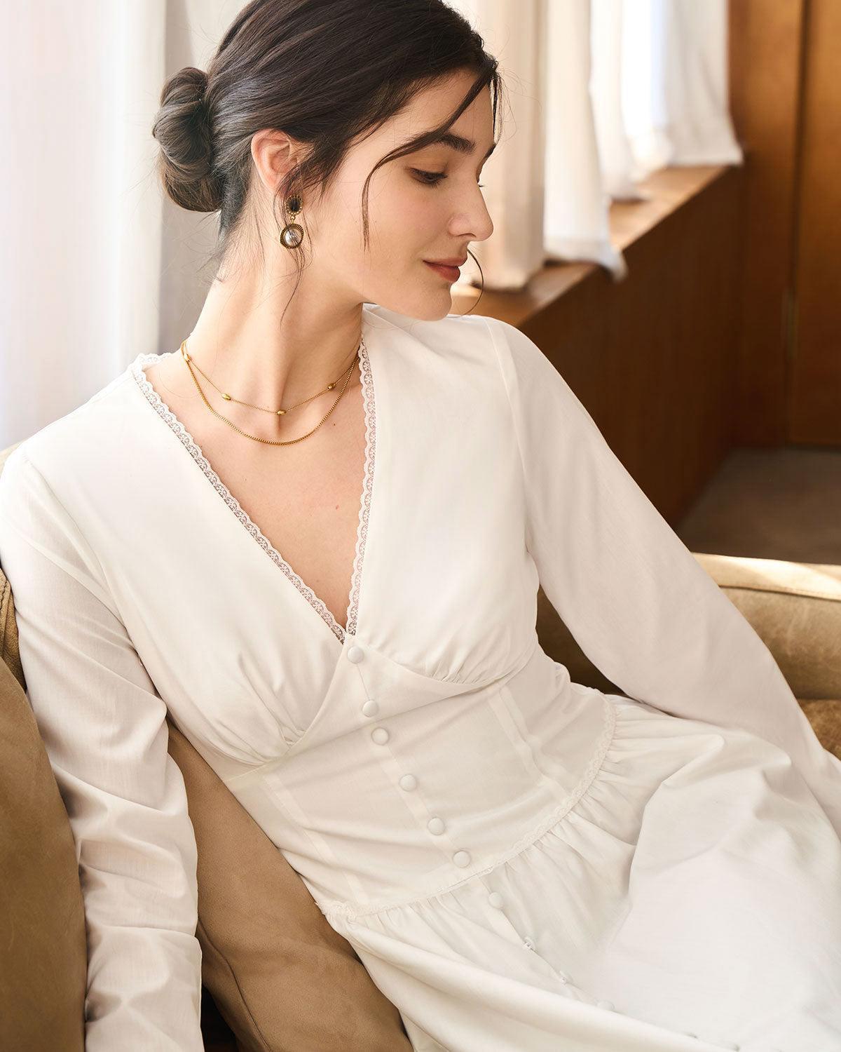 White Ruched Button Maxi Dress Product Image