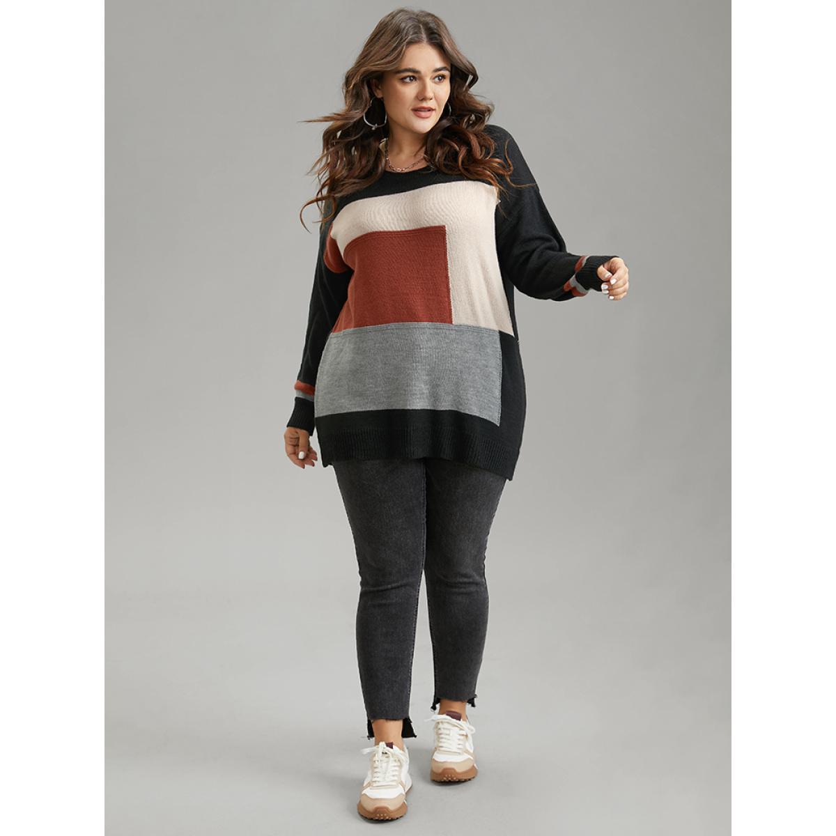 Plus Size Asymmetrical Colorblock Contrast Drop Shoulder Pullover Black Women Casual Loose Long Sleeve Round Neck Dailywear Pullovers BloomChic 12/L Product Image