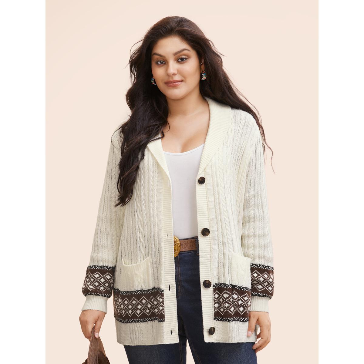 Plus Size Cable Knit Pockets Collared Cardigan Ivory Women Casual Loose Long Sleeve Everyday Cardigans BloomChic 14-16/1X Product Image
