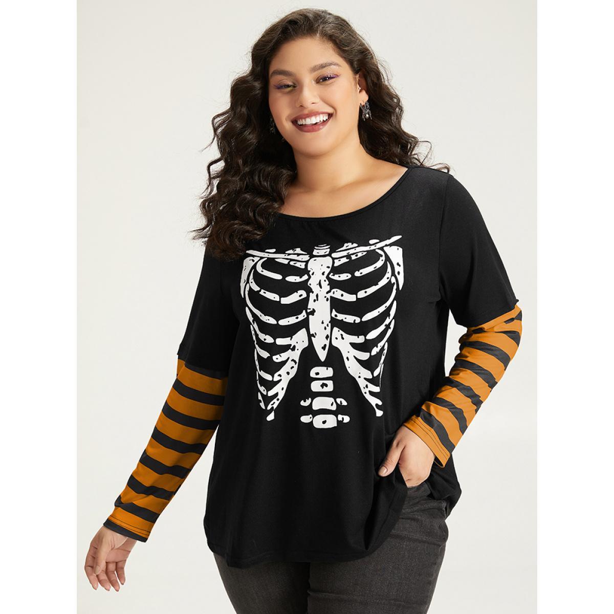 Plus Size Halloween Striped & Skull Print Patchwork T-shirt Orange Women Casual Printed Halloween Festival-Halloween T-shirts BloomChic 18-20/2X Product Image